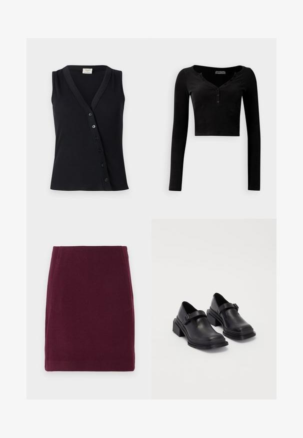 Top senza maniche nero con texture a coste, scollatura a V e una fila di cinque bottoni sul davanti per la chiusura.; Top nero corto a maniche lunghe realizzato in tessuto a coste, con scollatura a V e patta con tre bottoni davanti.; Vero Moda VMFORTUNALLISON SHORT - Gonna a campana - winetasting; Scarpe in pelle nera con punta arrotondata, suola piatta e una cintura con dettaglio fibbia. Tacco a blocco spesso per una maggiore stabilità.