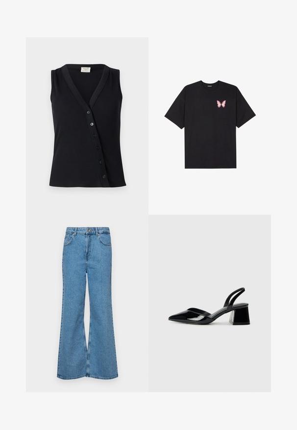 Black sleeveless top with a ribbed texture, V-neckline, and a row of five buttons along the front for closure.; Black cotton t-shirt with short sleeves, featuring a small pink butterfly graphic on the left chest. Crew neck design with a relaxed fit.; Light blue flared jeans made of denim, featuring a high waist, five pockets, and a single button closure. Soft texture with faded finish.; Black patent leather slingback heels with a pointed toe and a geometric block heel. Features a sleek, minimal design and smooth texture.