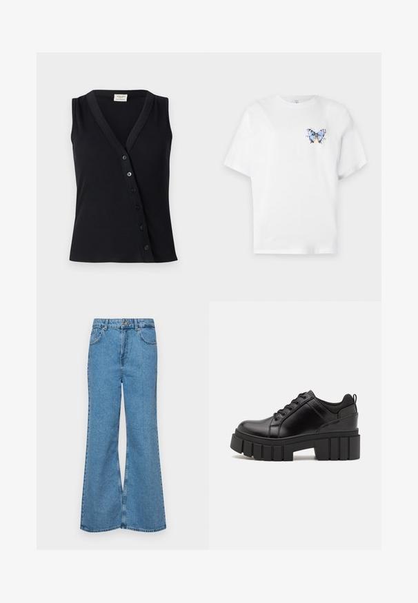 Black sleeveless top with a ribbed texture, V-neckline, and a row of five buttons along the front for closure.; White cotton t-shirt featuring a colorful butterfly print on the left chest. Short sleeves and a relaxed fit.; Light blue flared jeans made of denim, featuring a high waist, five pockets, and a single button closure. Soft texture with faded finish.; Black leather platform shoes with a chunky block heel, round toe, and traditional lace-up design. Features smooth texture and minimal detailing.