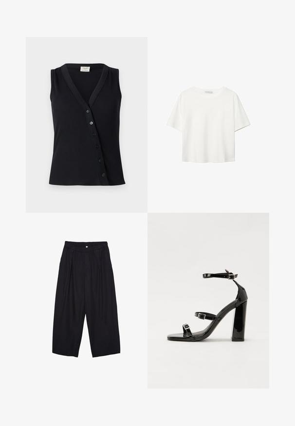 Musta hihaton paita, jossa on ribbitekstuuri, V-pääntie ja rivissä viisi nappia edessä kiinnitystä varten.; Valkoinen lyhythihainen T-paita, joka on tehty puuvillasta. Siinä on pyöreä kaula-aukko ja rento malli. Silkkinen pinta ilman näkyviä kuvioita tai koristeita.; Musta polyesterinen culotte-housut, jossa on joustava vyötärö, kaksi etupleettiä ja löysä siluetti. Ei näkyviä kuvioita tai metallisia yksityiskohtia.; Musta kiiltävä korkokenkä sandaalit neliönmuotoisella varpaalla, nilkkaremmillä ja hopeisilla soljilla. Varustettu tukevalla lohkokorkealla vakauden takaamiseksi.