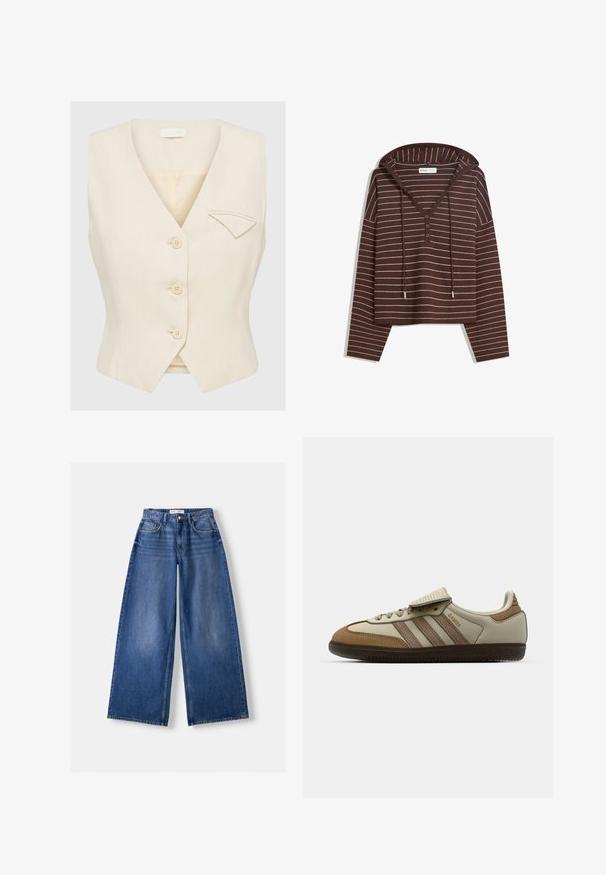 Beige ærmeløs vest med v-udskæring, fem knapper og en lille lomme på venstre side. Tekstureret stof og skræddersyet pasform.; Brun hættebluse med lange ærmer, hvide vandrette striber, V-udskæring med tre knapper og snøre i hætten, mærket Bershka.; Bershka WIDE-LEG - Wide leg - dark blue; Brun og creme atletisk sko med tre beige striber, lavet af ruskind og læder, snørelukning og gummisål. Tekstlogo på siden.