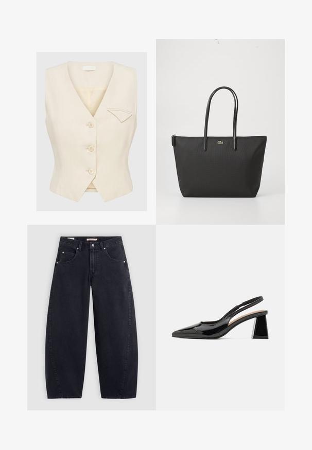 Gilet beige senza maniche con scollatura a V, cinque bottoni e una piccola tasca sul lato sinistro. Tessuto strutturato e vestibilità sartoriale.; T-shirt bianca a strisce Adidas con dettagli blu navy, dotata di collo rotondo, maniche raglan corte e un bold logo "adidas" sul davanti.; Jeans larghi in denim nero con vita alta, due tasche frontali e accessori in metallo argentato. Texture liscia, dettagli di cucitura minimi e gamba dritta.; Décolleté nera in vernice con punta affusolata, caratterizzata da un unico tacco a blocco geometrico e una superficie liscia. Cinturino regolabile per supporto.; Borsa a tracolla nera con due lunghi manici, una chiusura zip superiormente e un piccolo logo di coccodrillo verde centrato sotto i manici.