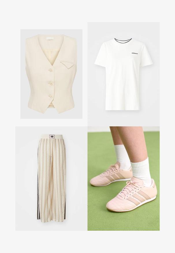 Chaleco sin mangas color beige con escote en V, cinco botones y un pequeño bolsillo en el lado izquierdo. Tejido texturizado y ajuste entallado.; Camiseta de algodón blanca con manga corta y escote redondo. Presenta un logo negro de Adidas en el pecho y un cuello interior negro en contraste.; Pantalones de pierna ancha en color crema con un patrón en zigzag, que cuentan con una cinturilla con logo negro y franjas negras en los laterales. Tejido ligero y texturizado.; Zapatillas deportivas rosa claro con costuras diagonales, suelas blancas y tres rayas laterales. Llevadas con calcetines blancos con canalé sobre una superficie verde.