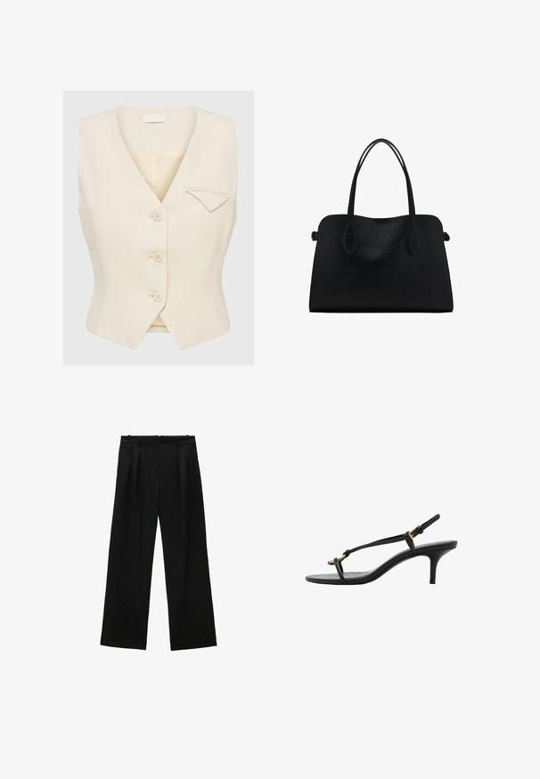 Beige sleeveless vest with a v-neckline, five buttons, and a small pocket on the left side. Textured fabric and tailored fit.; White short-sleeve ribbed top with a round neckline. Soft texture and relaxed fit, featuring a simple design without additional patterns.; Black wide-leg trousers with pleats, featuring a smooth texture and a high waist design. Minimalist style, no visible hardware or embellishments.; Black leather kitten heel sandal with thin straps, gold buckle, and minimalist toe loop on a white background.; Black leather handbag with dual shoulder straps, rectangular shape, and minimalistic design on a white background.