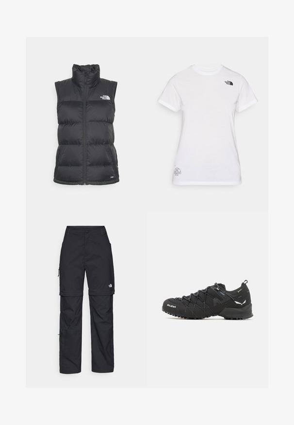 Črn pufast telovnik z visokim ovratnikom in polnim zadrgo. Ima prešito zasnovo in logo na zgornji levi strani. Lahka material.; Bela bombažna majica z črnim logotipom na levem prsnem delu in sivo grafiko v spodnjem desnem kotu. Klasičen kroj s kratkimi rokavi in okroglim izrezom.; Črne najlon hlače z zipom, ki se lahko odstranijo, s prilagodljivimi manšetami, več žepi in logotipom na desni nogi. Gladka, lahka tekstura.; Črne pohodniške čevlje z teksturiranim zgornjim delom iz blaga, sistemom vezalk in trdnim gumijastim podplatom. Opremljeni so z odsevnimi detajli in logotipi.
