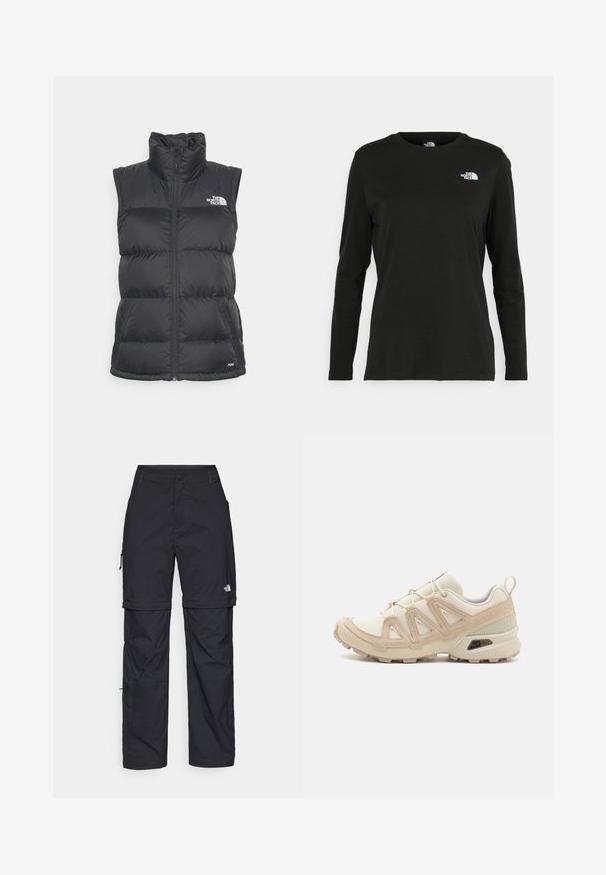 Černá prošívaná vesta s vysokým límcem a plným zipem. Má prošívaný design a logo na horní levé straně. Lehký materiál.; Černé tričko s dlouhým rukávem vyrobené z bavlny s kulatým výstřihem. Na levé části hrudi se nachází malé bílé logo. Jednoduchý design a střih.; Černé nylonové cargo kalhoty na zip s nastavitelnými manžetami, několika kapsami a logem na pravé noze. Hladká, lehká textura.; Béžová a krémová sportovní obuv s texturovaným síťovaným svrškem, podpůrnými překryvy a gumovou podrážkou s dezénem pro lepší přilnavost.