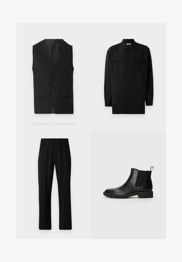 Svart vest med en glatt tekstur, med seks knapper, to sidelommer og en V-halsdesign. Uten ermer og med en ren silhuett.; Svart skjorte med knapper laget av glatt stoff, med klassisk krage, to frontlommer og lange ermer med knappe mansjetter.; Svart, elastisk midjebukser med rett ben-design, med en glatt tekstur og uten synlige mønstre eller maskinvare.; Jack & Jones JFWHOSKINS - Støvletter - anthracite