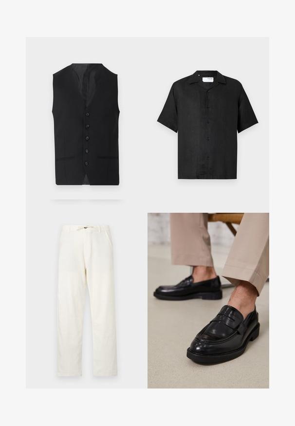 Czarna kamizelka o gładkiej teksturze, z sześcioma guzikami, dwoma bocznymi kieszeniami i dekoltem w kształcie litery V. Bez rękawów i z prostą sylwetką.; Czarna koszula z krótkim rękawem wykonana z lekkiego materiału, z kołnierzykiem, sześcioma guzikami z przodu i prostym krojem u dołu.; Jasno beżowe lniane spodnie o prostym kroju, z regulowanym paskiem na sznurku w talii oraz dwiema bocznymi kieszeniami. Gładka tekstura i minimalistyczny design.; Czarne skórzane mokasyny o gładkim wykończeniu, z dekoracyjnym paskiem i kontrastowym szwem, w połączeniu z beżowymi spodniami.
