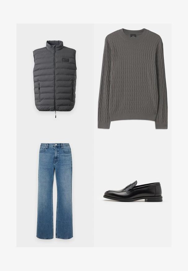 Sötétszürke párnázott mellény magas gallérral, teljes cipzárral és két oldalsó cipzáras zsebbel. Jellemzője a melletti logopatch és a sima textúra.; Armani Exchange Pulóver - dark gull zig zag; Széles lábú, koptatott kék farmernadrág. Öt zsebből, elülső gombos záródásból és egyenes szabásból áll.; Fekete bőr loaferek sima textúrával, kerek orral és dekoratív pánttal a vampnál. Alacsony, rétegelt sarkú, minimalista dizájn.
