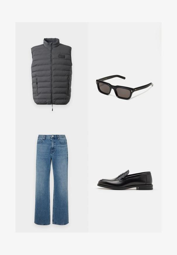 Temno siva oblazina brezrokavnik z visokim ovratnikom, polnim zadrgo in dvema stranskima žepoma z zadrgo. Ima značko logotipa na prsih in gladko teksturo.; Bela srajca z ovratnikom, ki ima subtilne navpične črte, dolge rokave, žep na prsih in klasičen zaobljen rob.; Modri široki jeans iz denima z izbledelim zaključkom. Imajo pet žepov, sprednje zapiranje na gumb in ravno krojenje.; Črne usnjene loafer čevlje z gladko teksturo, zaobljenim nosom in dekorativnim trakom čez zgornji del. Nizka zložena peta, minimalističen dizajn.; Črne pravokotne sončna očala s temnimi lečami, debelim plastičnim okvirjem, zlatimi detajli na templjih in izgravirano blagovno znamko na ročaju.; Črna platnena torba s črnimi usnjenimi ročaji. Preprost dizajn, prostorna notranjost in gladka tekstura. Brez vidnih logotipov ali vzorcev.