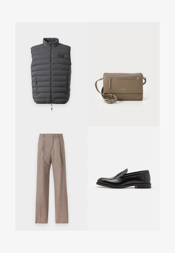 Tamno sivi podstavljeni prsluk s visokim ovratnikom, punim patentnim zatvaračem i dva bočna džepa na zatvarač. Sadrži logotip na prsima i gladak teksturu.; Bijela košulja s dugim rukavima na dugme, izrađena od pamuka, s džepom na prsima s ton-sur-ton vezom, ovratnikom i dugmadi na manžetama.; Smeđe, hlače viskog struka od teksturiranog materijala. Imaju široke nogavice i dva prednja pregiba za strukturu. Uređen završetak bez vidljivih metalnih dijelova.; Crni kožni mokasini s glatkom teksturom, zaobljenim prstima i ukrasnom trakom preko prednjeg dijela. Niski slojeviti potplat, minimalistički dizajn.; Taupe kožna crossbody torba s prednjim džepom na zatvarač, podesivim remenom, reljefnom teksturom i urezanim logotipom sprijeda.