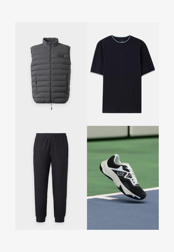 Mørkegrå polstret vest med høy krage, hel glidelås og to sidelommer med glidelås. Har et logo-patch på brystet og en glatt tekstur.; Mørkeblå t-skjorte med korte ermer og rund hals, med lyseblå detaljer ved kragen og ermene. Laget av myk bomullsstoff.; Svarte avsmalnende joggebukser med elastisk midjebånd og mansjetter, med et subtilt teksturmønster og sidelommer.; Svart-hvitt EA7 Emporio Armani-sneaker hengt opp over blå og grønne tennisbane-linjer.