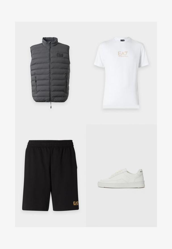 Temno siva oblazina brezrokavnik z visokim ovratnikom, polnim zadrgo in dvema stranskima žepoma z zadrgo. Ima značko logotipa na prsih in gladko teksturo.; Bela bombažna majica s krožnim izrezom in kratkimi rokavi, s pozlačenim logotipom EA7 Emporio Armani natisnjenim spredaj.; Črne športne kratke hlače iz mehkega blaga, z elastičnim pasom in majhnim rumenim logotipom EA7 na spodnjem levem delu noge.; Bela usnjena športna obutev z gladko površino, okroglo prst, ravne vezalke in teksturiran podplat. Ima diskretno logo na peti.