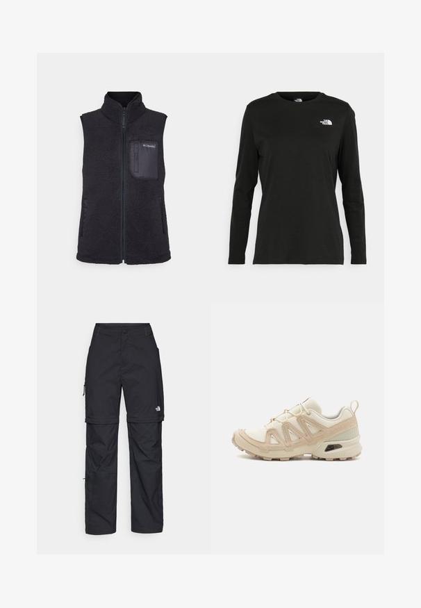 Columbia WEST BEND™ VEST - Vest - black; Must mustahiheline T-särk, millel on pikad varrukad, valmistatud puuvillast ja ümarast kaelusest. Vasakul rinnal on väike valge logo. Lihtne disain ja sobivus.; Mustad nailonist valmistatud eemaldatavad cargo-püksid, reguleeritavate pahkluudega, mitmete taskutega ja paremal jalal logoga. Sile, kerge tekstuur.; Beež ja koobalti spordijalats tekstureeritud võrkkattega, toetavad ülemised kihid ja kummist tallaga, millel on mustriga joonistus haardeks.