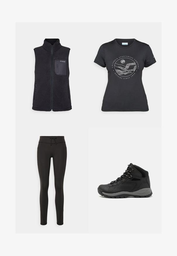 Columbia WEST BEND™ VEST - Vesta - black; Čierne tričko Columbia s bielou kruhovou grafikou hory a rieky a textom "Columbia Sportswear Company vonku od roku 1938."; Čierne legíny s vysokým pásom, so šnúrkou na stiahnutie, hladkou textúrou a priliehavým strihom. Obsahujú švy po stranách.; Čierna turistická obuv s polovičným strihom, s textúrovaným zvrškom, šedými akcentmi a odolnou gumovou podrážkou s protišmykovými hrebienkami.