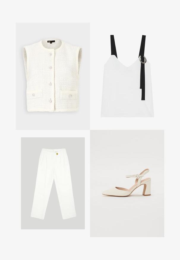 Maje VADERE - Vest - ecru; Hvid ærmeløs top med V-udskæring, som har sorte stropper og en sølvringdetalje. Glat stof og et moderne, minimalistisk design.; Hvide, vide bukser lavet af glat stof. Har en enkelt gul knaplukning og plisseret frontdesign. Ingen synlige lommer.; Spidsede, cremefarvede pumps med en blokhælhæl. Udstyret med en tynd ankelrem med en rund spænde og en glat læderoverflade.