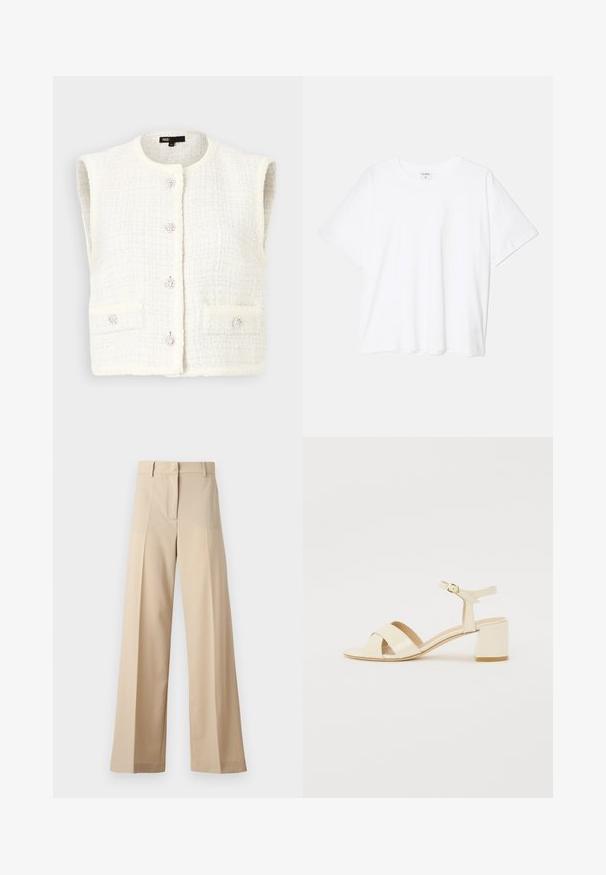 Maje VADERE - Waistcoat - ecru; White cotton t-shirt with short sleeves, round neckline, relaxed fit, and stitched hem. Label visible on the inside neck.; Beige wide-leg trousers made of smooth fabric, featuring a flat front with pleats, a zip fly, and belt loops. Tailored fit overall.; Beige patent leather heeled sandals with cross strap design, open toe, adjustable ankle strap, and a block heel. Smooth texture.