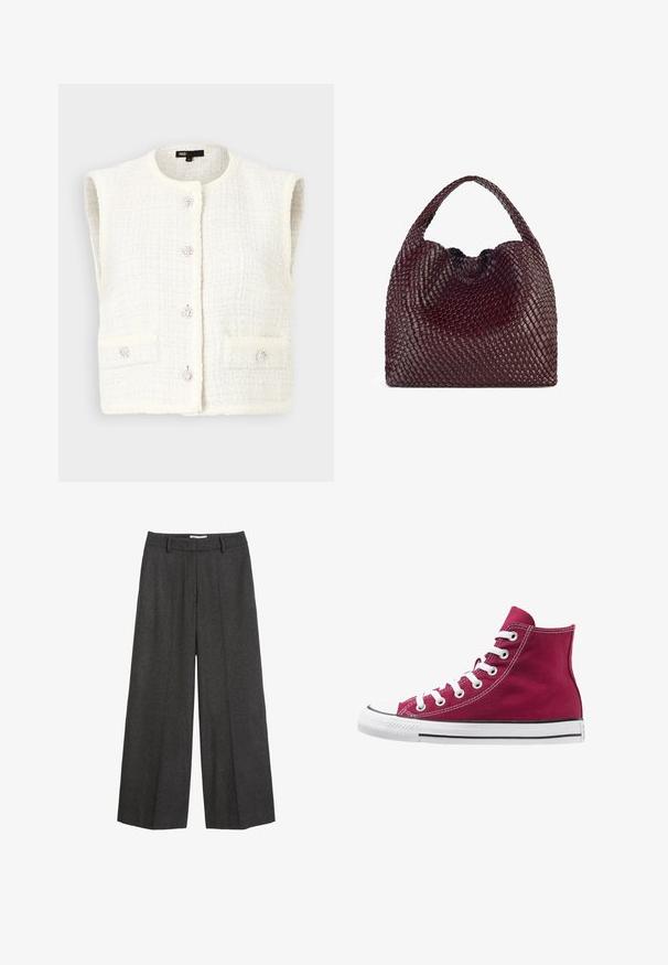 Maje VADERE - Liemenė - ecru; Pilkos spalvos trumpomis rankovėmis marškinėliai, pagaminti iš minkštos, tekstūruotos medžiagos; pasižymi klasikinėmis apvalios iškirptės detalėmis ir laisvu pritaikymu be jokių raštų ar logotipų.; Platus kojas kelnes tamsiai pilkos spalvos audinio. Yra pritaikytas liemuo su dirželių kilpomis, lygus paviršius ir minimalūs siuvimo akcentai.; Burgundinės kanvos aukštakulnės sportbačiai su baltais raišteliais, guminis piršto dangtelis ir juoda juosta palei padą. Tekstūruota siuvinėta detalė pabrėžia dizainą.; Austis raudonas pintas rankinės su apvalia forma ir viena rankena, kuri turi tekstūruotą paviršių ir elastingą raištelį.