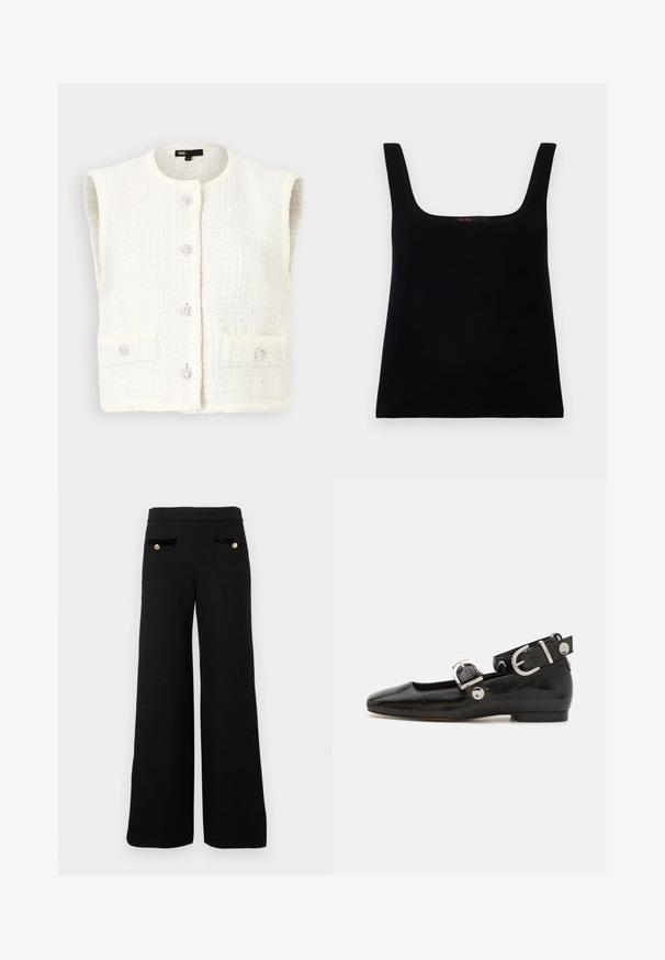 Maje VADERE mleczny; Czarna, bezrękawnikowa koszulka z kwadratowym dekoltem. Wykonana z gładkiego materiału, wyróżniająca się prostym wzorem i wyszywanym logo wewnątrz.; Czarne spodnie szerokie wykonane z teksturowanej tkaniny, z dwoma przednimi kieszeniami z czarnymi aksamitnymi akcentami i złotymi guzikami.; Czarne lakierowane baleriny z kwadratowym noskiem, z paskiem na kostkę z metalowymi elementami w kolorze srebrnym oraz płaską podeszwą. Gładka textura i minimalistyczny design.