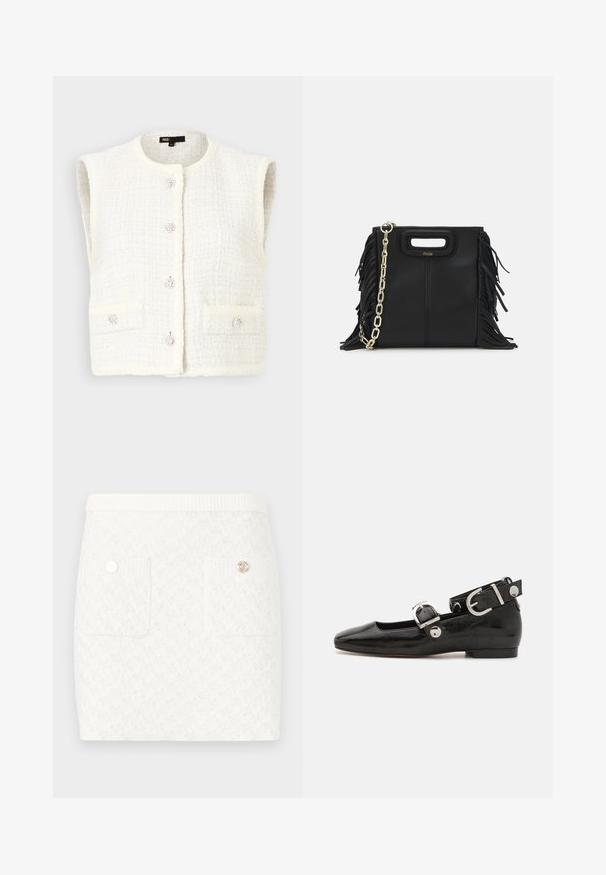 Maje VADERE - Vest - ecru; Marineblå ribbestrikket polo skjorte med spiss krage, korte ermer og to frontlommer med trykknapper; fremhevet med hvite søm detaljer.; Kort hvit skjørt med teksturert mønster, som har to frontlommer og dekorative knapper i gulltone. Elastisk liv for komfort.; Sorte lakkderflat sko med firkantet tå, ankelstropp med sølvfarge detaljer, og flat såle. Glatt tekstur med minimalistisk design.; Svart læderhåndtaske med frynsedetaljer, guldkæde skulderrem og udskåret håndtag. Har logo placeret på forsiden.