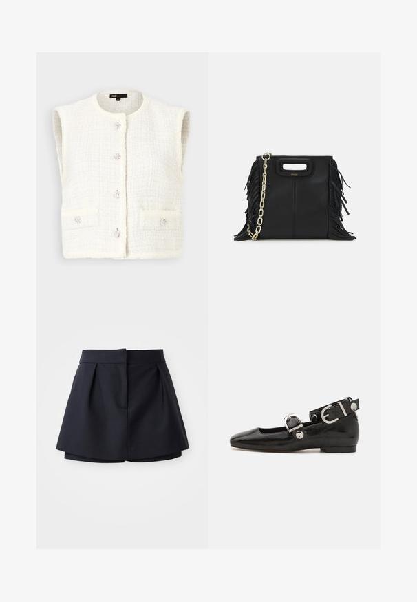 Maje VADERE - Waistcoat - ecru; Navy ribbed polo shirt featuring a pointed collar, short sleeves, and two front pockets with snap buttons; highlighted with white stitching accents.; Navy pleated shorts with a high waist, made from smooth fabric. Features a fitted design and hidden front pocket.; Black patent leather flat shoe with a squared toe, ankle strap featuring silver hardware, and flat sole. Smooth texture with minimalist design.; Black leather handbag with fringe details, gold chain shoulder strap, and a cut-out handle. Features logo placement on the front.
