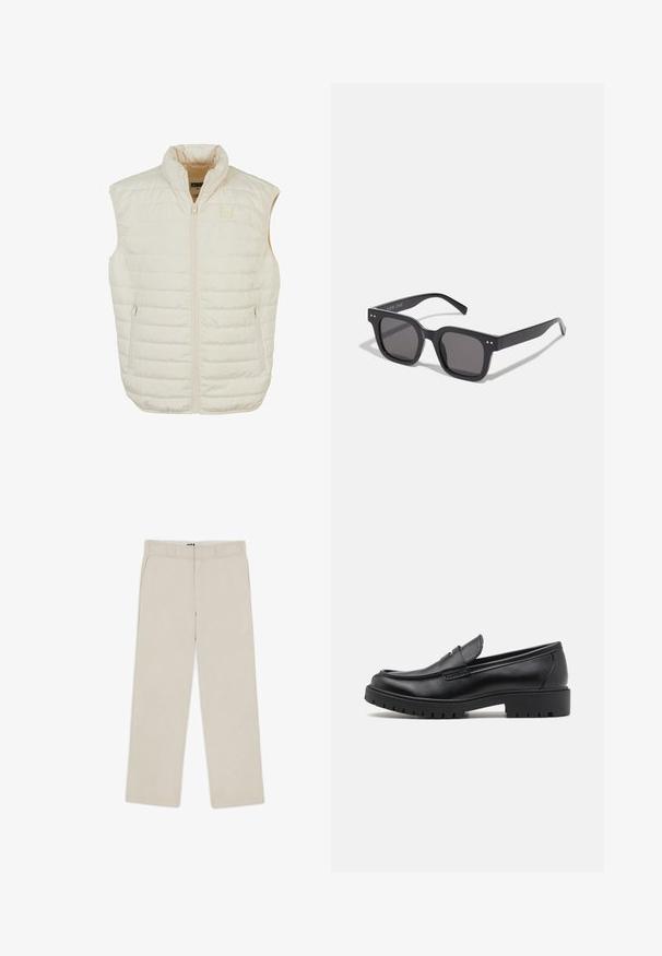 Chaleco acolchado beige ligero con cuello alto, cremallera frontal y dos bolsillos laterales con cremallera; presenta costuras horizontales para dar textura.; Jersey de cuello alto negro hecho de un material de punto suave. Cuenta con mangas largas, collar y dobladillo acanalados. Diseño simple y elegante sin patrones.; Pantalones de pierna ancha color beige con una textura suave, que cuentan con pasadores para cinturón, dos bolsillos frontales y cierre con cremallera. Diseño minimalista.; Mocasines de cuero negro con punta redondeada, diseño sin cordones y suela de goma gruesa con agarre texturizado. Tacón elevado y detalles de costura sutiles.; Gafas de sol rectangulares negras con lentes oscuros, que presentan un marco grueso, acentos sutiles en los lados y sin logotipos visibles más allá del nombre de la marca.; Reloj de pulsera de cuarzo Casio con una carátula negra, correa de acero inoxidable plateada, grandes números en blanco y rojo, y con una resistencia al agua de hasta 200 metros.