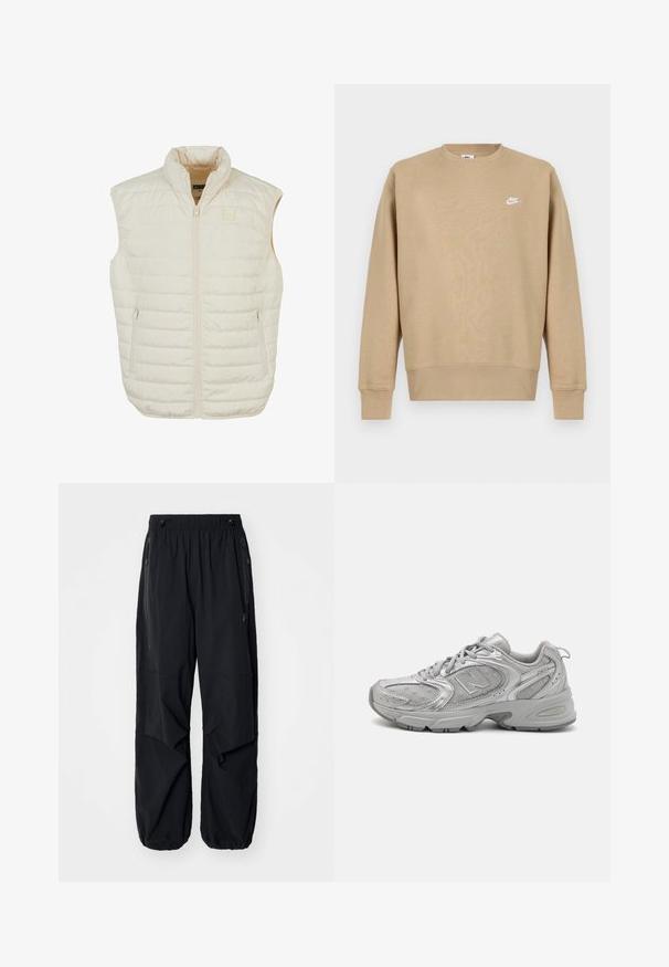 Lengvas smėlio spalvos pūstas liemens liemenė su aukštu apykakliu, priekinio užtrauktuko ir dviem šoninėmis kišenėmis su užtrauktukais; pasižymi horizontaliomis siūlėmis tekstūrai suteikti.; Rudas Nike džemperis su apvalia apykakle, ilgomis rankovėmis ir baltu logotipu krūtinėje. Audinys atrodo minkštas su lygiu paviršiumi.; Juodos lengvos krovininės kelnės su elastinga juosmeniu, šoninėmis užtrauktukais ir erdviomis kišenėmis. Turi laisvą prigludimą ir siaurėjančius rankogalius.; Sidabriniai sportiniai bateliai su šiuolaikiniu dizainu, tinklelio panelėmis, paminkštinta liežuvėliu, tekstūruotu sintetiniu viršumi ir guminiais padu, užtikrinančiais sukibimą.