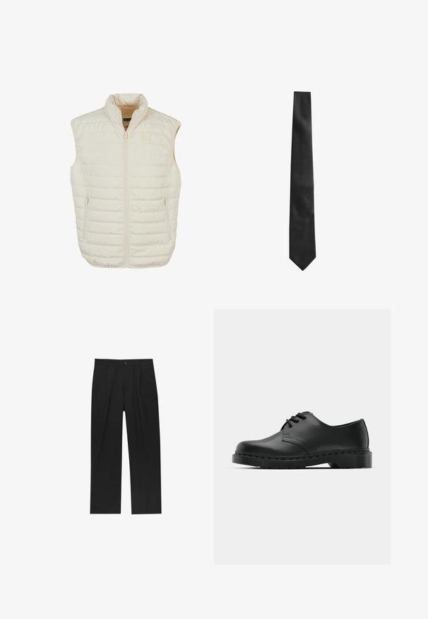 Let beige dunvest med høj krave, frontlynlås og to sidelommer med lynlås; har vandrette syninger for struktur.; Hvid langærmet skjorte med knapper lavet af glat stof. Har en klassisk krave, frontknapper og manchetter med en enkelt knap. Slim fit design.; Sorte bukser med lige ben, lavet af et glat stof. Har frontfolder og en enkelt knaplukning i taljen.; Sorte læder oxford-sko med snørebåndsdesign, rund tå, flad gummisål og subtil syning langs overdelen.; Sort slipsse med en struktureret overflade, smal form og spids ende. Stoffet ser glat ud med et subtilt mønster.