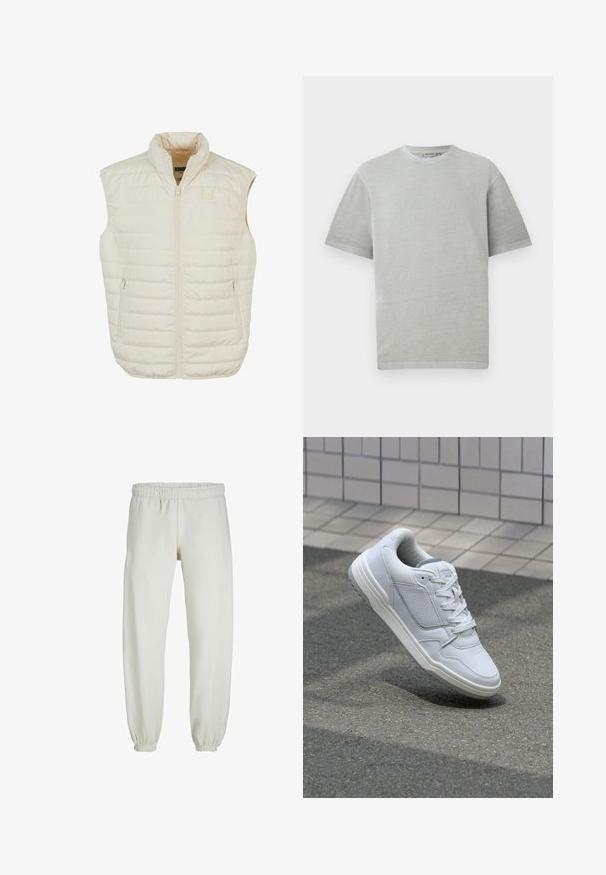 Let beige dunvest med høj krave, frontlynlås og to sidelommer med lynlås; har vandrette syninger for struktur.; Lys grå t-shirt med korte ærmer og rund hals, præsenteret på en ensfarvet hvid baggrund.; Hvide sweatpants lavet af blødt stof, med elastisk talje og håndled, der har en glat tekstur og løs pasform.; Hvide lædersneakers med perforerede sider, teksturerede detaljer, flade snørebånd og en kontrasterende grå hæl. Har en let forhøjet sål.