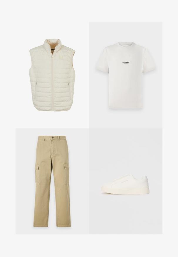 Let beige dunvest med høj krave, frontlynlås og to sidelommer med lynlås; har vandrette syninger for struktur.; Hvid bomuld t-shirt med korte ærmer, prydet med et sort "JJ Studios" logo på brystet. Rund hals og standard pasform.; Beige cargo bukser lavet af bomuld, med to sidelommer, knaplukning og lige ben i et let tekstureret stof.; Hvide slip-on sneakers med en struktureret overflade, en tyk sål og et minimalistisk design. Har brandlogoet på siden.