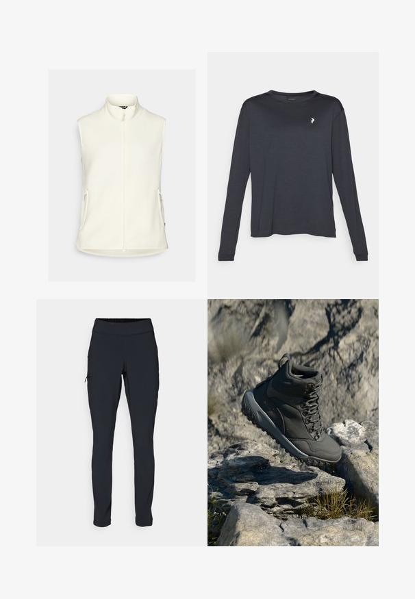 White fleece vest with a high collar, full front zipper, and two side pockets. Smooth texture, no sleeves, and rounded hemline.; Dark long-sleeve T-shirt made of textured fabric, featuring a round neckline and a small white logo on the left chest area.; Black athletic pants with a slim fit, elastic waistband, and a side pocket featuring a zipper. Smooth, stretchy fabric with minimal seams.; Dark gray hiking boot made of synthetic material, featuring a padded collar, metal eyelets, and textured rubber sole for traction.