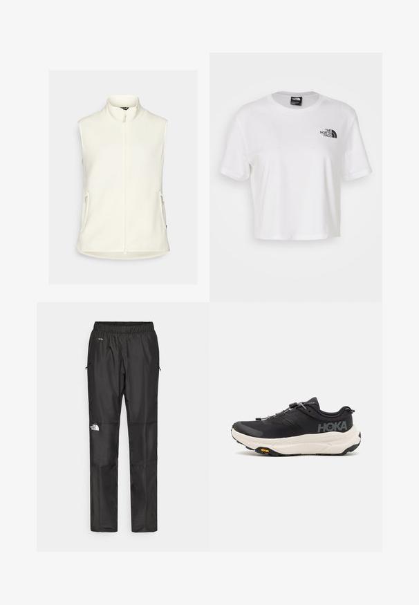 Biely fleecový vest s vysokým golierom, plným predným zipsom a dvoma bočnými vreckami. Hladká textúra, bez rukávov a zaoblený lem.; Biela skrátená tričká vyrobené z bavlny s okrúhlym výstrihom a krátkymi rukávmi. Obsahuje čierne logo na ľavej hrudi.; Čierne vodeodolné nohavice vyrobené z ľahkej tkaniny, s elastickým pásom, bočnými vreckami a logom na ľavom stehne.; Čierne športové topánky s priedušným sieťovým zvrškom, gumovou podrážkou, bielou tlmiacou medzipodrážkou a reflexnými šnúrkami. Logo Vibram na podrážke.