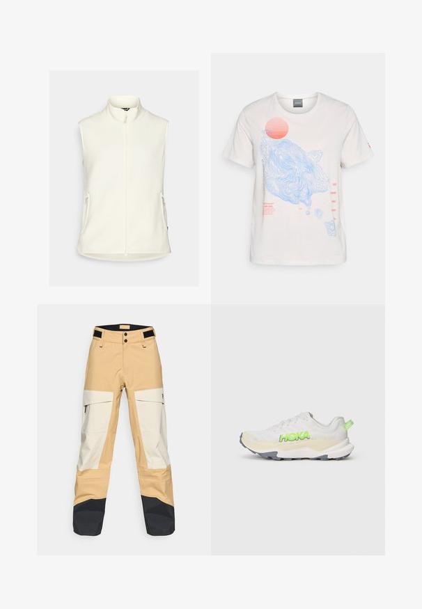 Weißer Fleece-Weste mit hohem Kragen, durchgehendem Reißverschluss und zwei Seitentaschen. Glatte Textur, ohne Ärmel und abgerundetem Saum.; Weißes Baumwoll-T-Shirt mit blauen Konturlinien-Designs und einem roten Sonnenmotiv, mit roten Textdetails auf der Vorderseite. Kurzarm, Rundhalsausschnitt.; Beige und weiße Outdoor-Hosen mit schwarzen Akzenten. Verfügt über Cargo-Taschen, einen doppelten Knopfverschluss und eine strapazierfähige Textur, die für verschiedene Bedingungen geeignet ist.; Weißer Sportschuh mit strukturiertem Obermaterial, grünem "HOKA"-Logo und grauer Außensohle. Ausgestattet mit einem gepolsterten Kragen und leichtem Design.