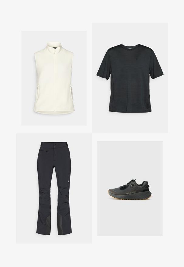 Chaleco de forro polar blanco con un alto cuello, cremallera frontal completa y dos bolsillos laterales. Textura suave, sin mangas y dobladillo redondeado.; Camiseta deportiva de manga corta negra, hecha de una tela ligera que absorbe la humedad. Cuenta con un cuello redondo y un pequeño logo en el pecho.; Pantalones de esquí en tejido negro, con un bolsillo con cremallera, refuerzo en la parte inferior de las piernas y un ajuste entallado con costuras en las rodillas para mejorar el movimiento.; Columbia TERRASTRIDE CRZ - Zapatillas de senderismo - shark/black