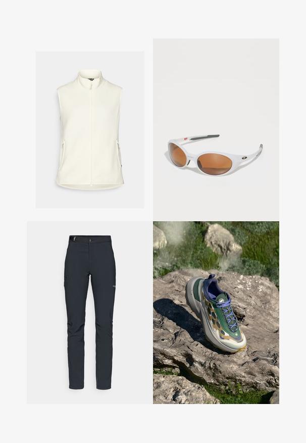 Vit fleeceväst med hög krage, hel dragkedja fram och två sidofickor. Slät textur, utan ärmar och rundad nederkant.; Ljuslila långärmad tröja med dragkedja i halsen. Slät yta, figurnära design och logotyp på framsidan. Stretchigt material för komfort.; Herrernas utomhusbyxor, mörkgrå, tillverkade av flexibelt material, med ett bälte, zip-fickor och förstärkt sömnad.; Sportssko med ett mönstrat mesh-överdel i grön och beige, en tjock grå mellansula och lila accenter, placerad mot en stenig yta.; Vita solglasögon med bruna linser, oval form, tillverkade av slät plast, med grå detaljer på bågarna och en logotyp på ramen.; Svart ryggsäck i slätt nylonmaterial, med en logotyp på framsidan, justerbara axelremmar och mesh sidofickor för extra förvaring.