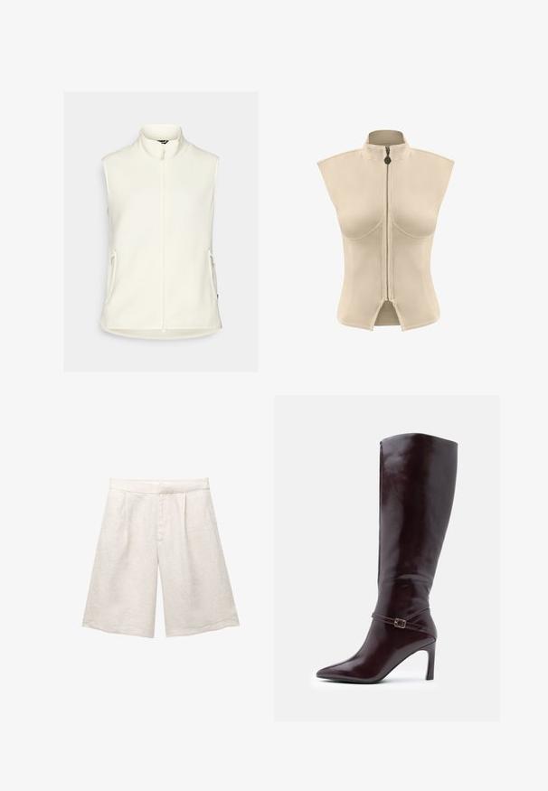 Weißer Fleece-Weste mit hohem Kragen, durchgehendem Reißverschluss und zwei Seitentaschen. Glatte Textur, ohne Ärmel und abgerundetem Saum.; Beige ärmellose Jacke mit hohem Kragen und zentralem Reißverschluss. Glatter Stoff mit strukturierter Form und geschlitzt am Saum.; Beige Leinenbermudas mit weitem Bein, versehen mit Vorderfalten und glattem Bund. Der Stoff hat eine leicht strukturierte Oberfläche.; Braune Lederstiefel bis zum Knie mit spitzem Zeh, Stiletto-Absatz und einem dekorativen Riemen mit Schnalle um den Knöchel. Glatte Textur.