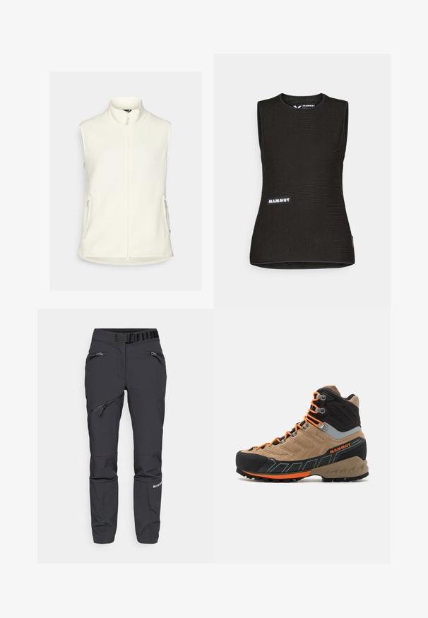 Baltas flokšinis liemenė su aukštu apykakle, pilnu priekiu užtrauktuku ir dviem šoninėmis kišenėmis. Lygi tekstūra, be rankovių ir su apvaliu apatine dalimi.; Juodas be rankovių marškinėliai su tekstūruota raštu, apvaliu iškirpimu ir "MAMMUT" logotipu priekyje. Pagaminti iš pralaidaus oro medžiagos.; Juodos minkštos šalmų kelnės su lieknu siluetu, užtrauktukais uždaromomis kišenėmis, elastingu juosmeniu ir tekstūruotais apatiniais kojų segmentais. Patvari medžiaga lauko naudojimui.; Šviesiai smėliniai ir juodi aukšti žygio batai su oranžinėmis raišteliais, guminėm priekine dalimi, tekstūruota viršutinė dalimi ir tvirtu padu. Yra sustiprinta kulkšnies parama.
