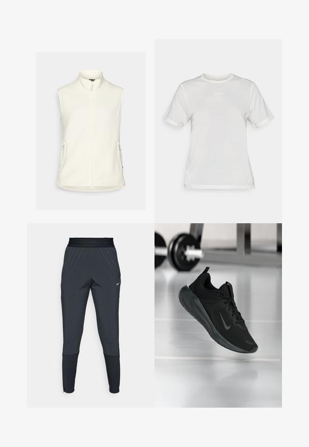 White fleece vest with a high collar, full front zipper, and two side pockets. Smooth texture, no sleeves, and rounded hemline.; White short-sleeve athletic mesh shirt with crew neck and small "Salomon" logo centered on the chest.; Nike athletic pants in dark gray, featuring a tapered leg design, elastic waistband, and accent details near the cuffs.; Black sports sneaker with Nike logo, shown mid-air on gym floor, with blurred dumbbell rack in background.