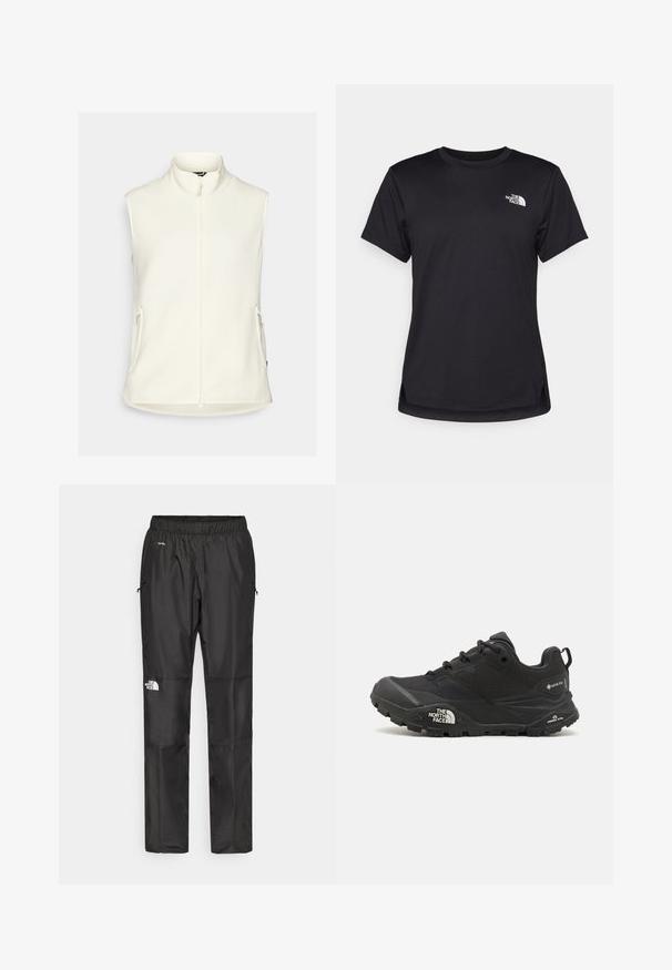 Weißer Fleece-Weste mit hohem Kragen, durchgehendem Reißverschluss und zwei Seitentaschen. Glatte Textur, ohne Ärmel und abgerundetem Saum.; The North Face FLEX SHORT SLEEVES TEE - Sport T-Shirt - black; Schwarze wasserdichte Hose aus leichtem Material, mit elastischem Bund, Seitentaschen und einem Logo am linken Bein.; Schwarzer Wanderschuh mit einer strukturierten Oberfläche, Schnürverschluss und einer massiven Gummisohle, die auf der Seite ein ausgeprägtes Logo sowie Profilmuster zeigt.
