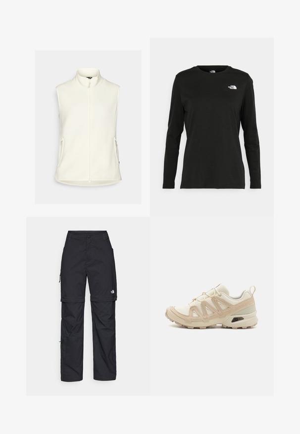 Chaleco de forro polar blanco con un alto cuello, cremallera frontal completa y dos bolsillos laterales. Textura suave, sin mangas y dobladillo redondeado.; Camiseta de manga larga negra de algodón con cuello redondo. Presenta un pequeño logotipo blanco en la parte izquierda del pecho. Diseño y ajuste simples.; Pantalones cargo de nailon negro con cremallera desmontable, puños ajustables, múltiples bolsillos y un logotipo en la pierna derecha. Textura suave y ligera.; Zapatilla deportiva beige y crema con parte superior de malla texturizada, superposiciones de soporte y suela de goma con un patrón de tracción.