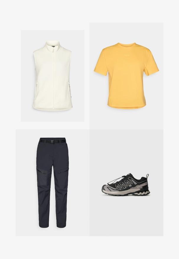 White fleece vest with a high collar, full front zipper, and two side pockets. Smooth texture, no sleeves, and rounded hemline.; Yellow short-sleeve T-shirt with a round neckline, made of soft fabric. Features a subtle logo at the chest and a straight hem.; Navy outdoor pants made of synthetic material, featuring zippered pockets, a belt, and a tapered leg design. Smooth texture with minimal accents.; Black and gray athletic shoe with mesh upper, rubber sole, and elastic lace system. Features a reinforced toe and textured accents.