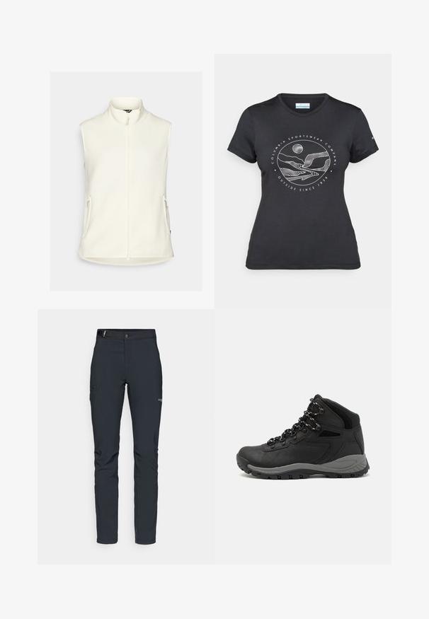 Vest din fleece alb cu guler înalt, fermoar pe toată lungimea frontală și două buzunare laterale. Textură netedă, fără mâneci și tiv rotunjit.; Tricou negru Columbia cu artă liniară albă circulară reprezentând munți și un râu, împreună cu textul "Columbia Sportswear Company Afară din 1938."; Pantaloni de exterior pentru bărbați, gri închis, fabricați dintr-un material flexibil, cu un brâu, buzunare cu fermoar și cusături consolidate.; Botă de drumeție neagră cu un design mediu, având un material texturat, accente gri și o talpă din cauciuc durabilă cu crampoane pentru aderență.