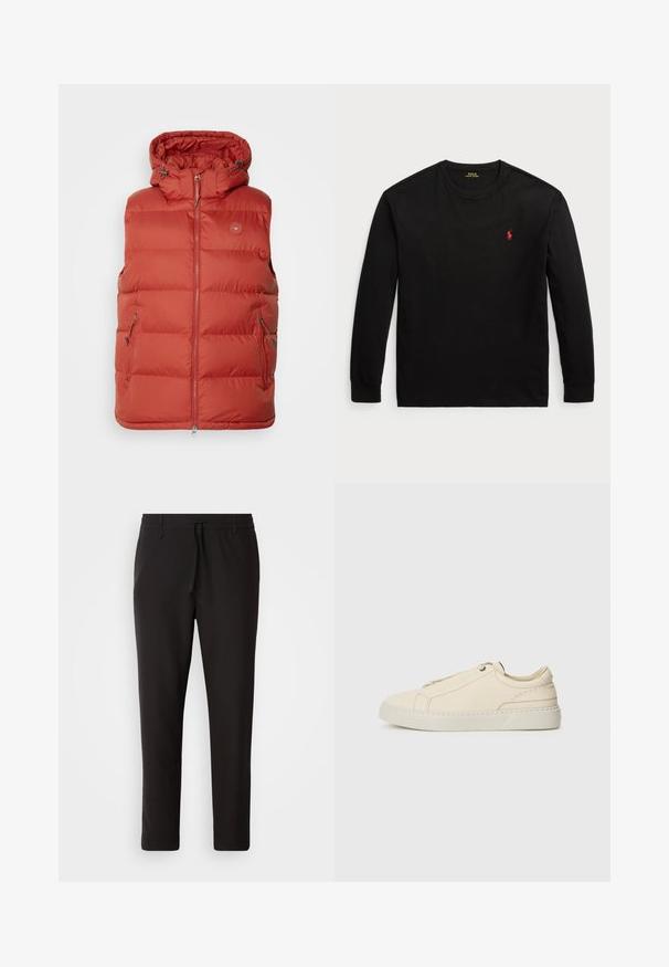 Rote gepolsterte ärmellose Weste mit Kapuze, ausgestattet mit Reißverschluss und zwei Seitentaschen. Hergestellt aus leichtem, glattem Stoff mit einem gesteppeten Design.; Schwarzes Langarm-T-Shirt aus Baumwolle. Verfügt über einen Rundhals, gerippte Bündchen und ein kleines rotes gesticktes Logo auf der Brust. Glatte Textur.; Schwarze Jogginghose aus glattem Stoff. Mit einem elastischen Bund und Kordelzug, schmal zulaufenden Beinen und ohne sichtbare Taschen. Einfaches Design.; Beige Leder Sneaker mit runder Zehenpartie, minimalistischem Design, subtilen Nähten und strukturiertem Obermaterial auf einer hellen Sohle.