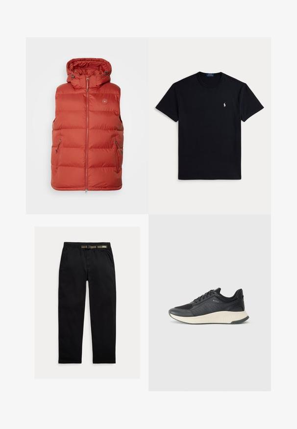 Czerwona, pikowana, bezrękawnikowa kamizelka z kapturem, wyposażona w zamek błyskawiczny i dwie boczne kieszenie. Wykonana z lekkiego, gładkiego materiału.; Czarny bawełniany t-shirt z okrągłym dekoltem, krótkimi rękawami i małym haftowanym logo na lewej piersi. Gładka faktura.; Czarne spodnie wykonane z lekkiego materiału, z elastycznym paskiem wbudowanym w zielony pas, prostą nogawką oraz bocznymi kieszeniami.; Czarne sportowe trampki z siateczkową cholewką z perforacjami, teksturowaną podeszwą środkową w kolorze kremowym oraz gumową podeszwą zewnętrzną zapewniającą przyczepność.