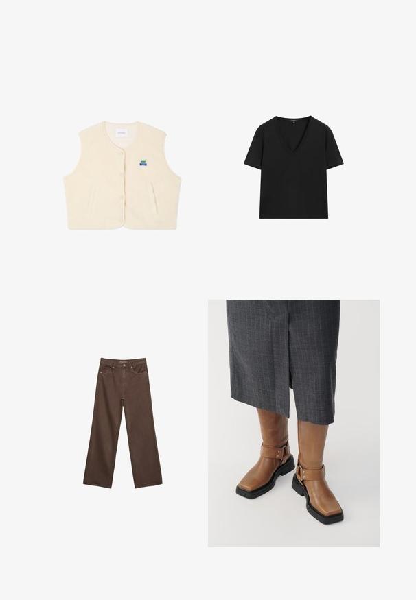 Fleece vesta v krémové barvě s kulatým výstřihem, předními knoflíky a dvěma bočními kapsami. Obsahuje malé barevné logo na hrudi.; Černé tričko s krátkým rukávem a výstřihem do V s jednoduchým, přiléhavým designem na bílém pozadí.; Hnědé džíny s širokými nohavicemi vyrobené z denimu, s vysokým pasem, předními kapsami a klasickým zapínáním na knoflík. Hladká textura s jemným švem.; Hnědé kožené vysoké boty po kolena se čtveratou špičkou, černou gumovou podrážkou a nastavitelným řemínkem s přezkou. Nosené s šedou sukní s jemnými pruhy.