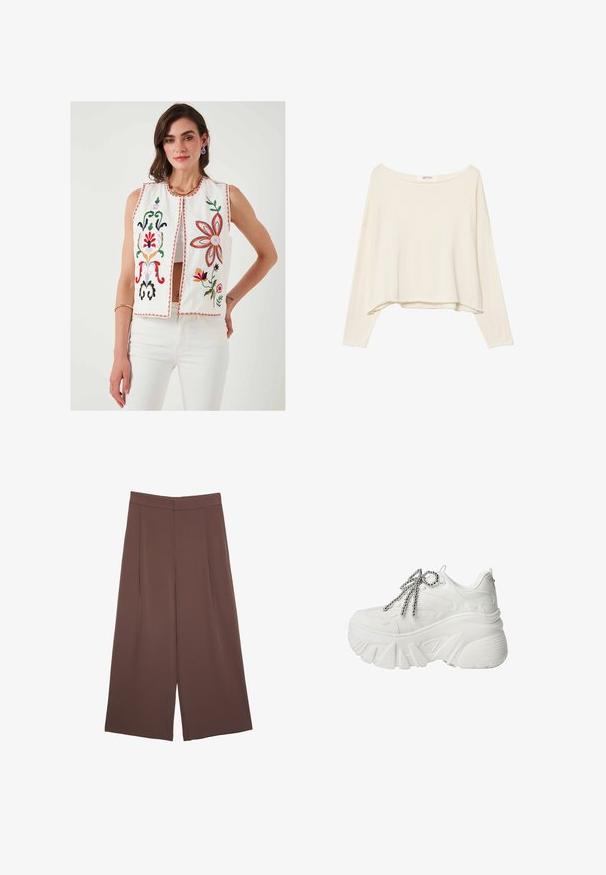 Weißer bestickter Weste mit floralen Motiven in Rot, Grün, Pink und Gelb. Verfügt über einen runden Ausschnitt und eine offene Vorderseite, kombiniert mit weißen Hosen.; Helles beige, verkürztes Sweatshirt mit weiter Ausschnitt, langen Ärmeln und einem weichen, strukturierten Stoff. Verfügt über eine entspannte, kastige Passform.; Braune Weite-Leg-Hosen mit einer glatten Textur, hoher Taille und Vorderfalten. Der Stoff ist leicht und fällt locker.; Plattform-Sneaker aus weißem Synthetikmaterial mit einer dicken Sohle, ausgestattet mit einem strukturierten Design und metallisch silbernen Schnürsenkeln.