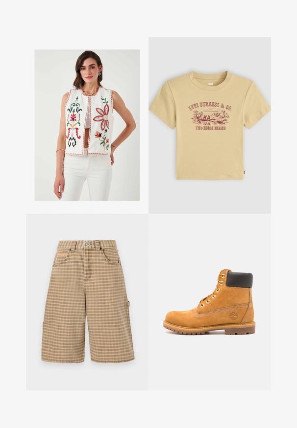Embroidered white vest with floral designs in red, green, pink, and yellow. Features a round neckline and open front, paired with white pants.; Beige cotton t-shirt with short sleeves featuring a maroon graphic print of a mountain landscape and "Levi Strauss & Co. Two Horse Brand."; BDG Urban Outfitters CHECK NICOLA JORT - Shorts - beige; Brown leather ankle boot with black padding, gold eyelets, and a textured sole. Features a circular logo on the side and stitching accents.