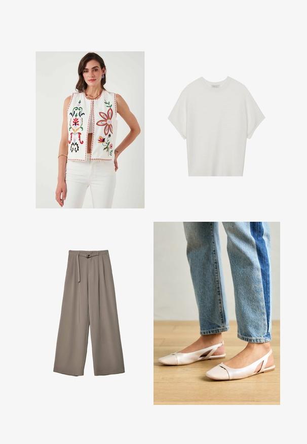 Weißer bestickter Weste mit floralen Motiven in Rot, Grün, Pink und Gelb. Verfügt über einen runden Ausschnitt und eine offene Vorderseite, kombiniert mit weißen Hosen.; Weißes T-Shirt mit kurzen Ärmeln, weitem Rundhalsausschnitt und strukturiertem Rippenmuster, aus weichem Stoff, mit legerer Passform und einem klaren Design.; Weite Hose aus einem weichen, gedämpften grauen Stoff, mit einem taillierten Bund und Falten für zusätzliche Design-Details. Glatte Textur, keine Muster.; Blassrosa Slingback-Ballerinas mit spitzem Punkt, aus einem glatten, lederähnlichen Material. Mit Ausschnitten an den Seiten und einem flachen Absatz.