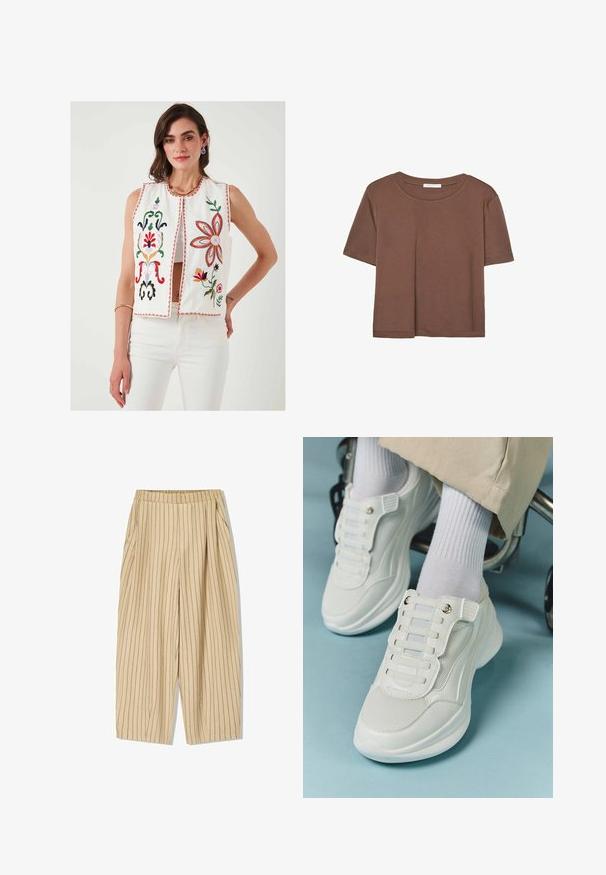 Biele vyšívané vesty s kvetinovými vzormi v červenej, zelenej, ružovej a žltej farbe. Má okrúhly výstrih a otvorený predný diel, skombinované s bielymi nohavicami.; Hnedé tričko s krátkym rukávom vyrobené z jemného materiálu, s okrúhlym výstrihom a voľným strihom. Žiadne viditeľné vzory ani akcenty.; Bežové pruhované nohavice s elastickým pásom, s dvoma bočnými vreckami, vo voľnom strihu a s vertikálnymi čiernymi prúžkami pre detail.; Biele tenisky s materiálom z mlátenice, gumovou podrážkou, bezšnúrovým dizajnom s elastickými pásikmi a pozlátenými akcentmi.
