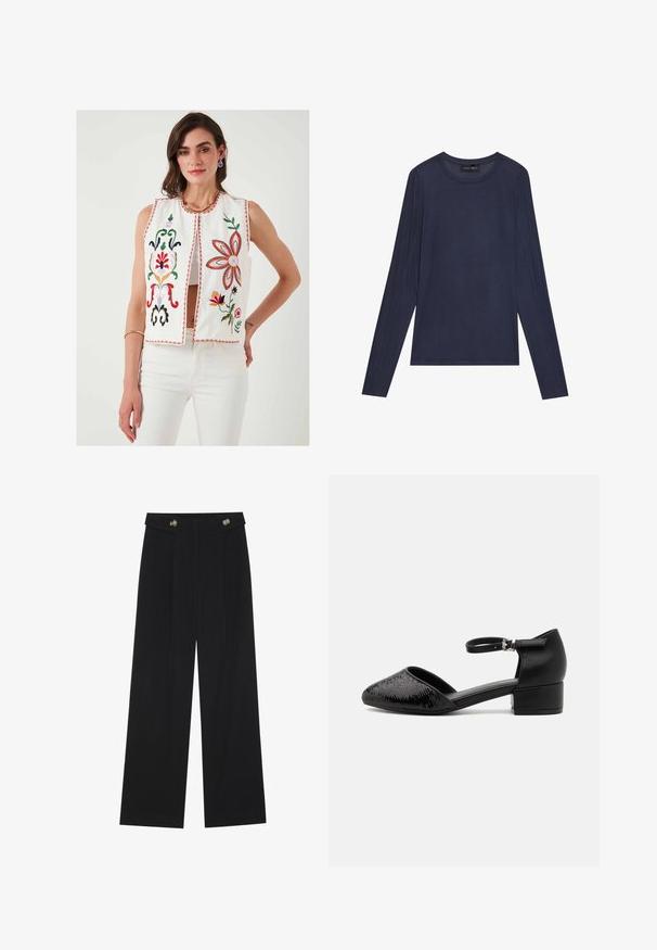 Izvezeni bijeli prsluk s cvjetnim uzorcima u crvenoj, zelenoj, ružičastoj i žutoj boji. Ima okrugli izrez i otvoreni prednji dio, u kombinaciji s bijelim hlačama.; Morska plava majica dugih rukava napravljena od glatkog, laganog materijala. Ima okrugli izrez i šavne detalje duž rukava i sa strane.; Crne hlače širokih nogavica s visokim strukom, s dugmadi na pojasu i prednjim nabora.; Crna cipela na remen s uskim vrhom, s teksturiranim gornjim dijelom i niskom blok-nadleptom radi stabilnosti. Materijal je mješavina meke kože i sintetičkog platna.